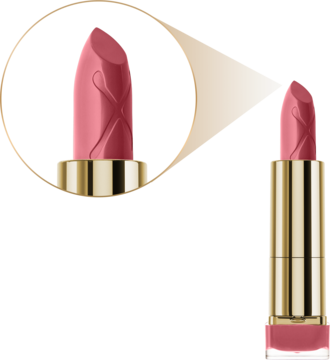Pomadka Max Factor Colour Elixir Raisen. Różowy sztyft w złotej tubce ze zbliżeniem na logo.
