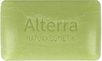 Jasnozielone mydło w kostce Alterra Naturkosmetik z wytłoczonym napisem, widok z góry.
