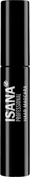 Czarna tuba Isana PROFESSIONAL Hair Mascara z pionowymi białymi napisami, zbliżenie na produkt, na ciemnym tle.