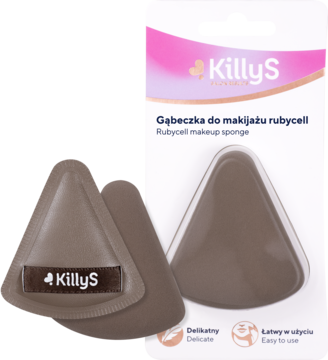 Szara, trójkątna gąbeczka do makijażu KillyS Rubycell. Jedna luzem, druga w różowym opakowaniu, przód.