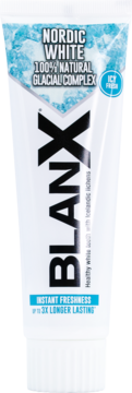 Pasta do zębów BlanX Nordic White Icy Fresh, 100% naturalny kompleks lodowcowy, widok z przodu.