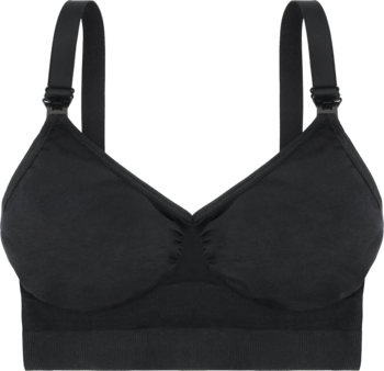 Czarne, bezszwowe biustonosz do karmienia z regulowanymi ramiączkami i klipsami, ujęcie z przodu.