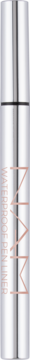 Wegański wodoodporny eyeliner NARS w srebrnym, podłużnym pisaku, pionowy widok z różowo-złotym logo.