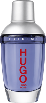 Fioletowa woda perfumowana Hugo Boss Man Extreme z czerwonym napisem HUGO, w szklanej butelce, widok frontalny.