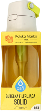 Dafi Solid butelka filtrująca 0,5L z Tritanu w żółtym opakowaniu z filtrem, widok z przodu.