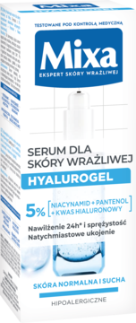 Białe pudełko Mixa Hyalurogel Serum do skóry wrażliwej z 5% niacynamidem, pantenolem i kwasem hialuronowym. Widok z przodu.