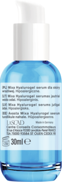 Mixa Hyalurogel serum, tył niebieskiej butelki 30ml, etykieta z opisami w wielu językach, hipoalergiczne.