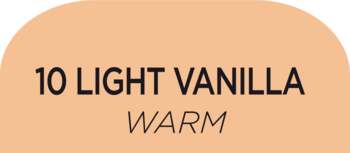 Napis '10 Light Vanilla Warm' na półokrągłej etykiecie korektora w odcieniu jasnej brzoskwini.