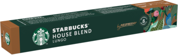 Ciemnozielone opakowanie kapsułek kawy Starbucks House Blend Lungo, widok pod kątem, z logo syreny.