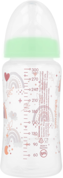Butelka Babydream 300 ml, szeroka szyjka, zielony świecący kołnierz, różowe miary i wzór rainbow, widok przodem.