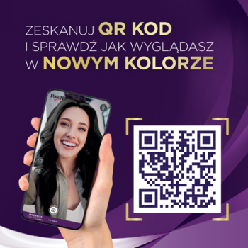 Ręka ze smartfonem i QR kodem na fioletowym tle. Zeskanuj i przymierz nowy kolor włosów!
