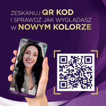 Ręka trzyma smartfon z wirtualną przymiarką koloru włosów. Obok duży QR kod. Promocja Schwarzkopf Palette.