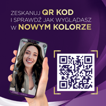 Fioletowy baner. Ręka trzyma smartfon z kobietą testującą kolor włosów. Obok QR kod: 'Sprawdź nowy kolor'.