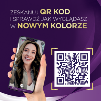 Fioletowa reklama Schwarzkopf Palette. Smartfon z kobietą, obok QR kod do wirtualnej przymiarki koloru włosów.