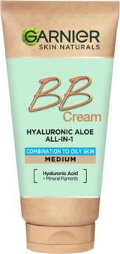 Garnier Skin Naturals BB Cream Hyaluronic Aloe, Medium, cera mieszana/tłusta, zielona tubka z przodu.
