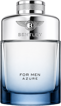 Woda perfumowana Bentley Azure dla mężczyzn. Szklana butelka przechodząca z przezroczystego w błękitny, srebrna góra.