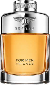 Bentley for Men Intense, luksusowa butelka perfum z bursztynowym płynem i srebrnym wieczkiem, widok z przodu.
