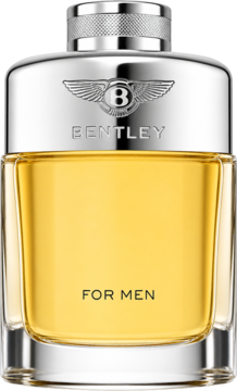 Woda toaletowa Bentley For Men, butelka prostokątna z bursztynowym płynem, srebrny korek i logo, widok z przodu.