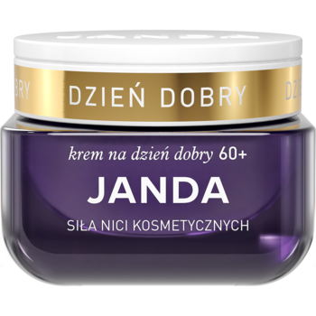 Fioletowy słoiczek kremu JANDA Dzień Dobry 60+ Siła Nici Kosmetycznych, z białym wieczkiem i złotym napisem.