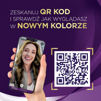Ręka ze smartfonem, kobieta testuje kolor włosów, obok QR kod do wirtualnej koloryzacji Schwarzkopf Palette.