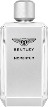 Męska woda toaletowa Bentley Momentum. Szklana butelka, srebrny front z logo i tekstem, widok z przodu.