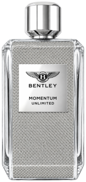 Woda toaletowa Bentley Momentum Unlimited dla mężczyzn. Butelka ze srebrną fakturą, etykieta z logo Bentley, widok z przodu.