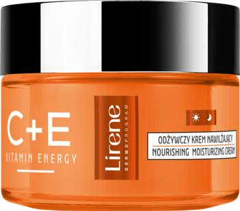 Pomarańczowy krem nawilżający Lirene C+E Vitamin Energy w słoiku z biało-czarną nakrętką, widok z przodu.