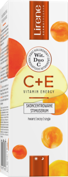 Lirene C+E Vitamin Energy Skoncentrowane StimuSerum w białym pudełku z pomarańczowo-żółtymi plamami, widok z przodu pod kątem.