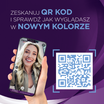 Fioletowa reklama Schwarzkopf Palette: ręka trzyma telefon z uśmiechniętą kobietą i QR kod do przymiarki koloru włosów.