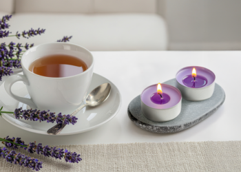 Dwie płonące fioletowe świece lawendowe na tacy, obok filiżanki herbaty i gałązek lawendy.