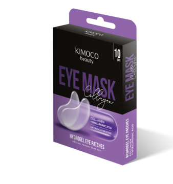 Fioletowo-czarne pudełko Kimoco Beauty Collagen Eye Mask, 10 sztuk hydrożelowych płatków liftingująco-nawilżających.