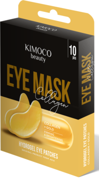 Kimoco Beauty Hydrogel Eye Patches z kolagenem i złotem w czarno-złotym pudełku, widoczne dwa złote płatki.