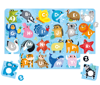 Edukacyjne, duże puzzle z alfabetem, każda litera to inne, kolorowe zwierzę na tle wody.