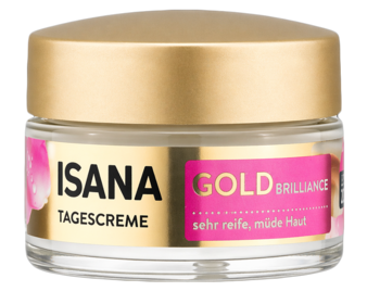 Isana Gold Brilliance krem na dzień dla bardzo dojrzałej skóry, w szklanym słoiczku ze złotą zakrętką, widok z przodu.