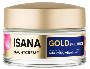 Isana Gold Brilliance krem na noc do cery dojrzałej, w szklanym słoiczku ze złotą zakrętką. Widok z przodu.