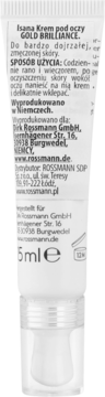 Widok tyłu białej tubki Isana Krem pod oczy GOLD BRILLIANCE 15ml, z polską etykietą i instrukcją użycia.