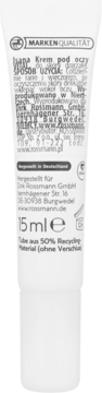 Tył białej tubki Isana Krem pod oczy 15ml, z polskimi i niemieckimi napisami, informacjami o składzie z 50% recyklingu.