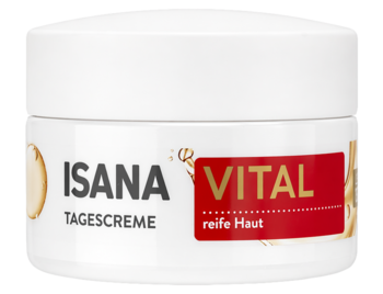Isana Vital krem na dzień SPF15 z lipidami sojowymi do skóry dojrzałej, biały słoik, widok z przodu.