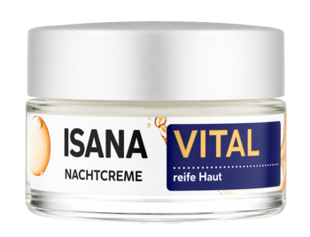 Krem Isana Vital Nachtcreme do skóry dojrzałej, w szklanym słoiku z niebieską etykietą i arganem, widok z przodu.