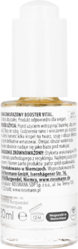 Tył butelki Isana Dwufazowy Booster Vital 30ml, żółty płyn, etykieta po polsku, producent.