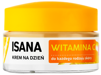 Słoiczek kremu na dzień Isana z witaminą C, żółta nakrętka, biała etykieta, widok z przodu.