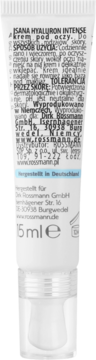 ISANA HYALURON INTENSE krem pod oczy 15ml, tył białej tubki z informacjami o produkcie i sposobie użycia.