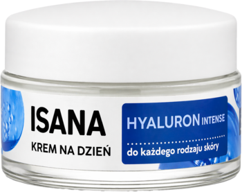 ISANA Hyaluron Intense krem na dzień SPF 30 w przezroczystym słoiczku, biała nakrętka, niebieskie detale, widok z przodu.