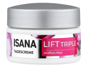 Krem przeciwzmarszczkowy Isana Lift Triple na dzień w białym słoiczku z srebrną nakrętką, widok z przodu, różowa etykieta.