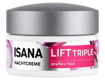 Isana Lift Triple krem na noc w białym słoiku ze srebrną nakrętką, z przodu różowy napis LIFT TRIPLE.