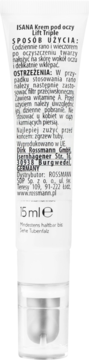 Tył białej tubki ISANA Krem pod oczy Lift Triple 15ml z widocznym tekstem o sposobie użycia i ostrzeżeniach.