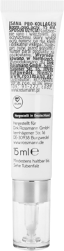 Tył białej tubki Isana Pro-Kollagen, kremu pod oczy 15ml, z opisem producenta i instrukcją użycia.