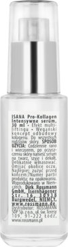 Biała butelka ISANA Pro-Kollagen Intensywne serum 30 ml z pompką, widok z przodu na wyraźny tekst.