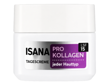 Isana Pro-Kollagen Tagescreme LSF 15, biały słoiczek z fioletową etykietą, krem liftingujący, widok frontalny.