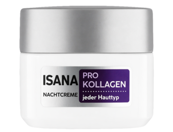 Isana Pro-Kollagen Nachtcreme w białym słoiczku ze srebrną zakrętką, fioletowa etykieta, do każdego typu skóry, frontalny.